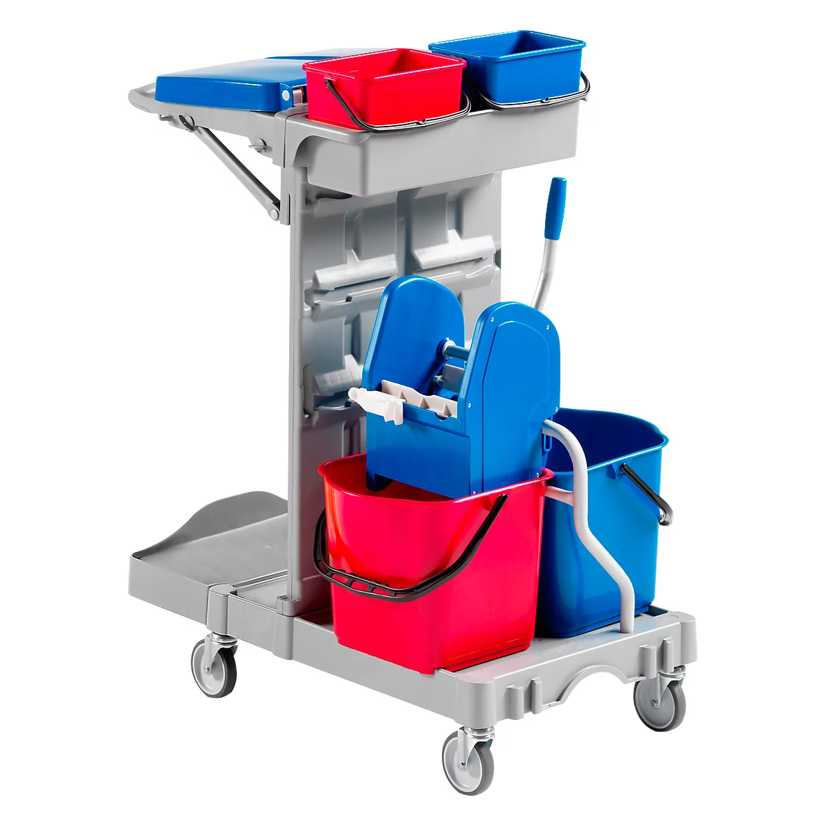 Cleaning cart with buckets, mop press, and cleaning solution containers.