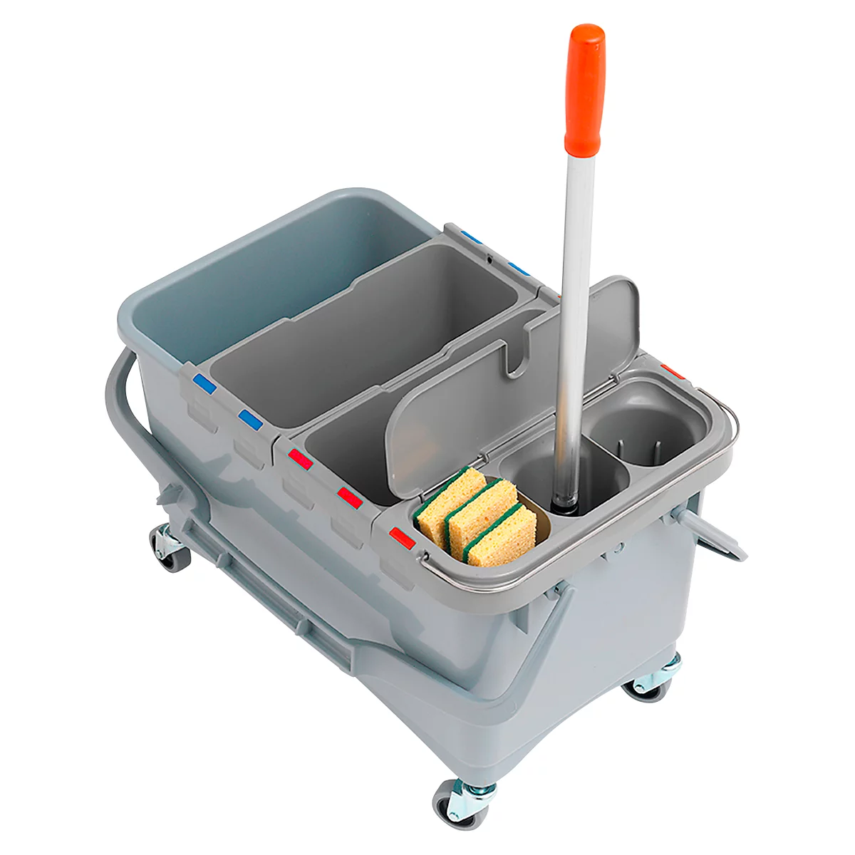 Grey cleaning cart with bucket, sponge, and mop. The mop handle is orange.