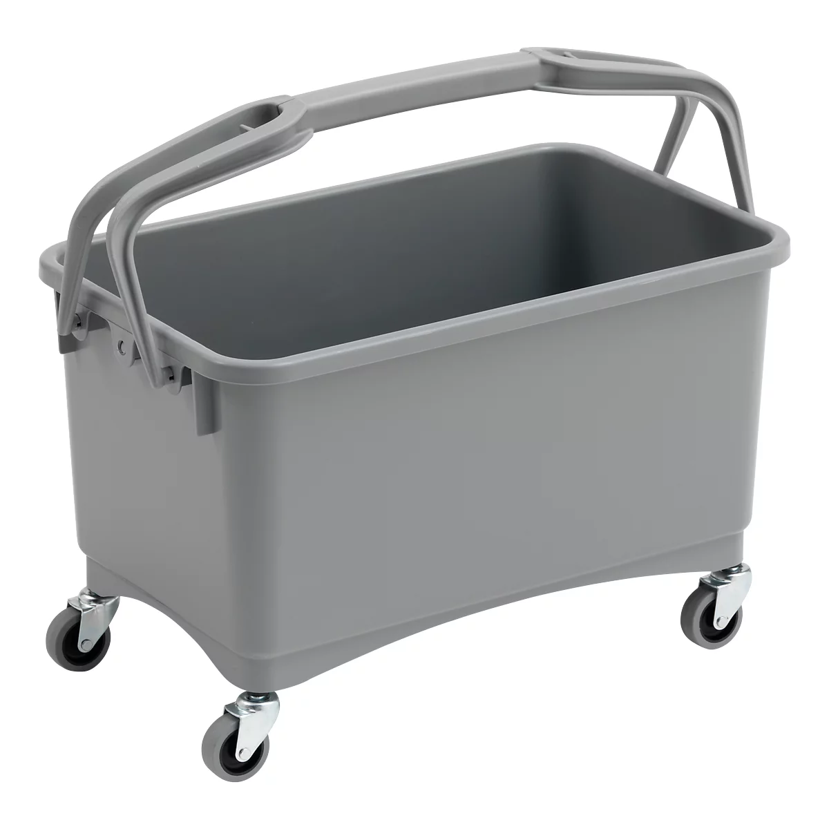 Gray rectangular mop bucket with handle and wheels. Brackets for the handle are attached to the sides of the bucket.
