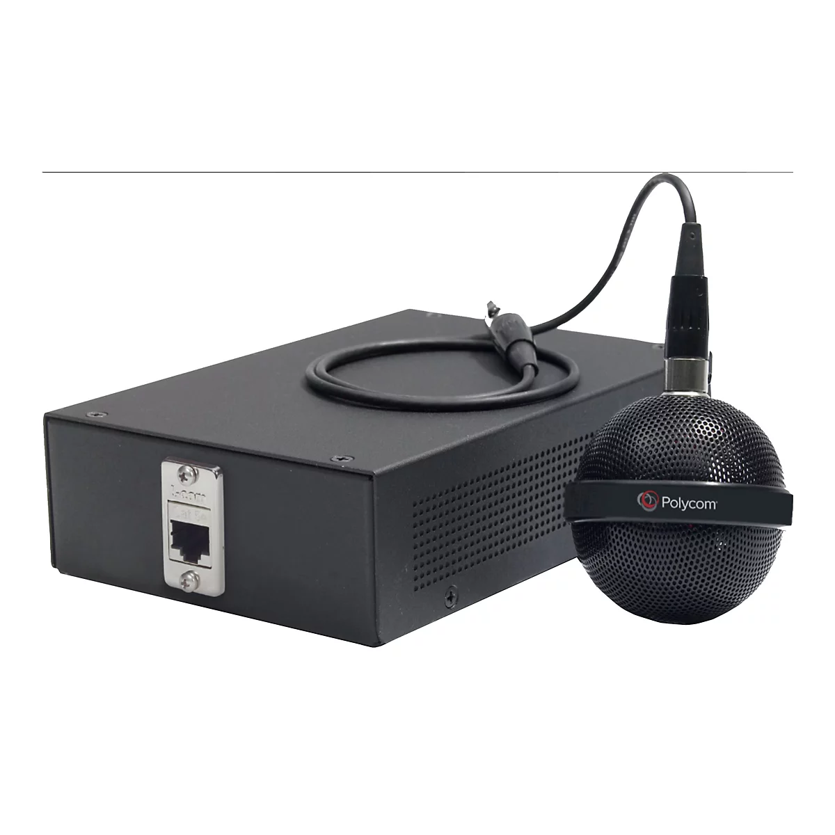 Unité de commande noire avec un microphone rond connecté par un câble.