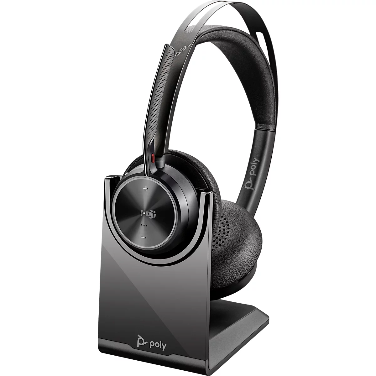Poly On-Ear-Headset Voyager Focus 2, Bluetooth, USB-A/USB-C Adapter, Noise Canceling Mikrofon, mit Ladestation