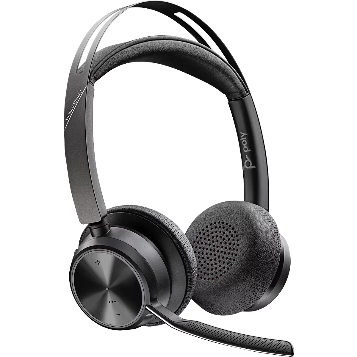 Poly on-ear-headset Voyager Focus 2, Bluetooth, USB-A/USB-C-adapter, ruisonderdrukkende microfoon, met oplaadstation