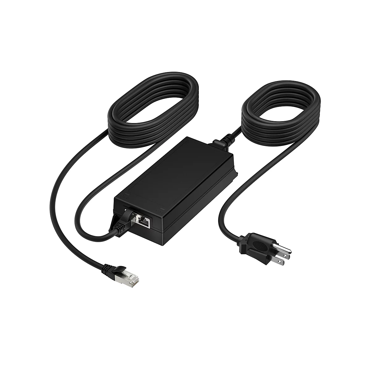 Ein schwarzes Netzteil mit Kabeln und Steckern, auf weißem Hintergrund. Das Netzteil hat einen Ethernet-Port und einen Stromstecker.