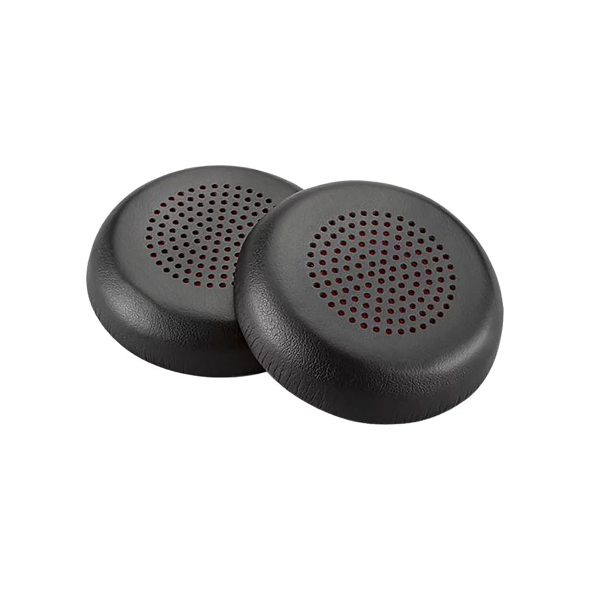 Deux coussinets d'oreille noirs pour casque, posés l'un à côté de l'autre. L'intérieur est rouge avec de petits trous.