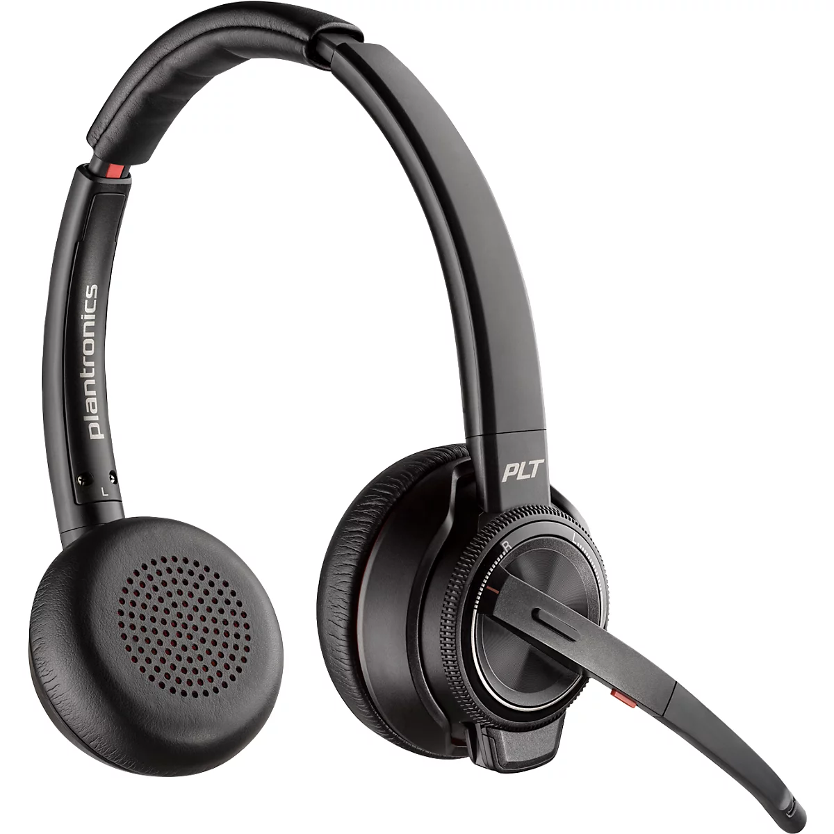 Black Plantronics headset with microphone. The headband reads "Plantronics" and the earpiece reads "PLT".