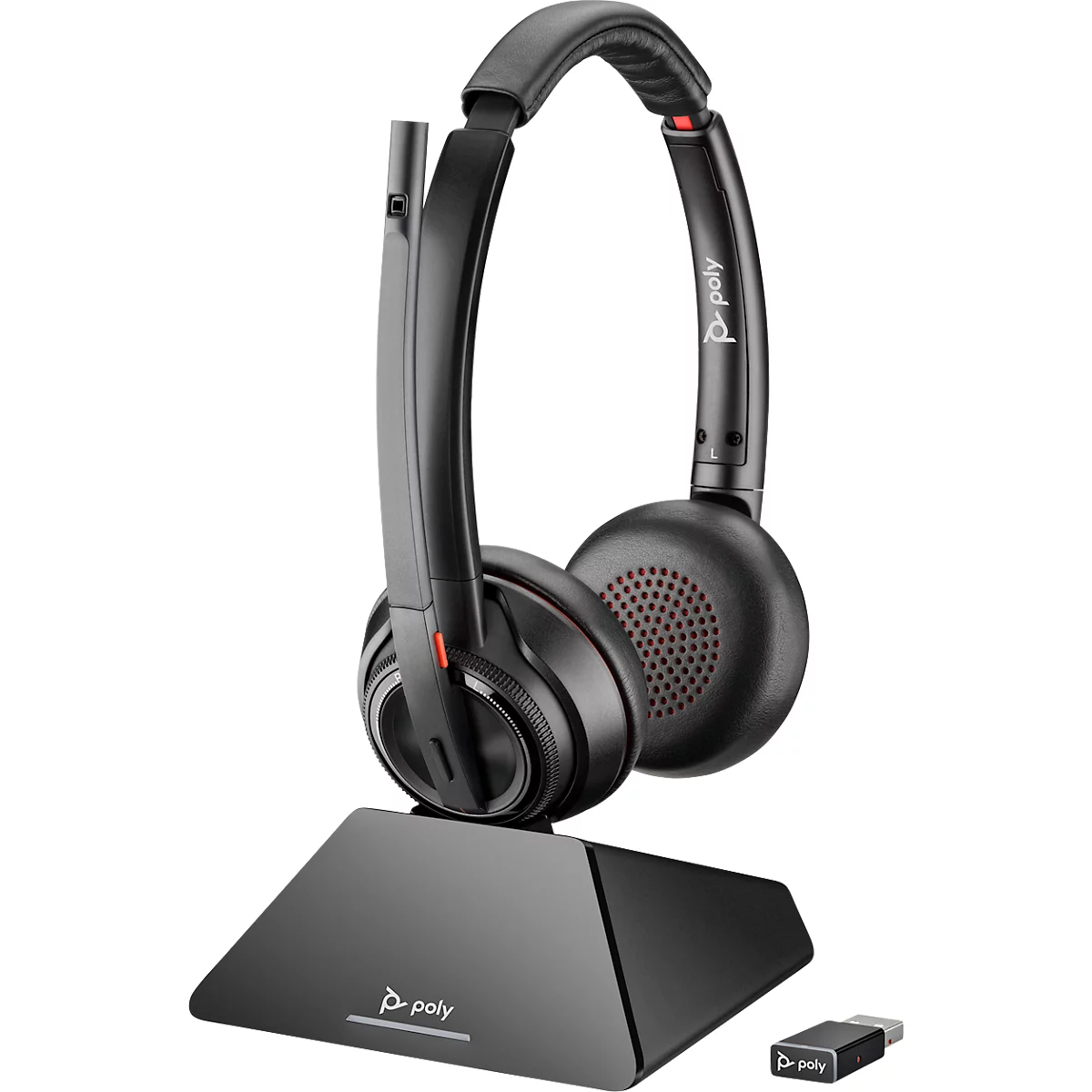 Black headset with charging station and dongle. Poly logo.