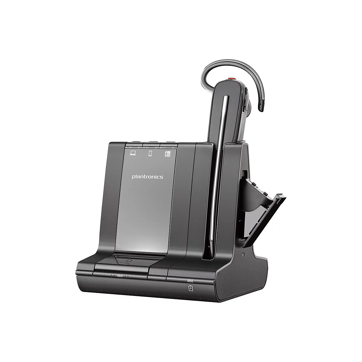 Drahtloses Headset mit Ladestation. Das Headset ist auf der Ladestation angedockt. Das Plantronics Logo ist deutlich sichtbar.