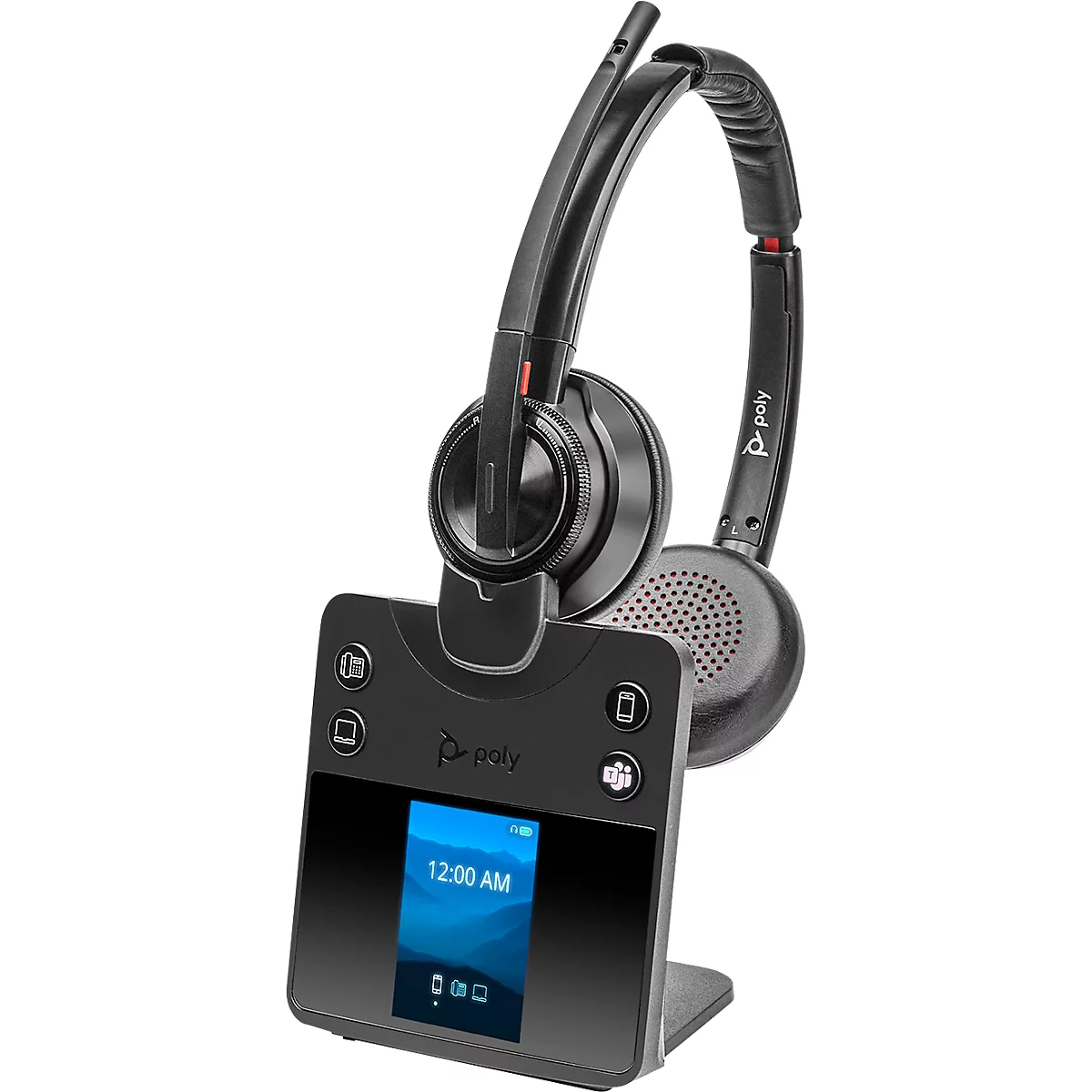 Black headset with charging station. The base shows a time. The Poly logo is visible.