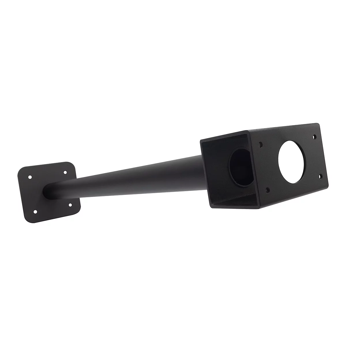 Support en métal noir. Il se compose d'une base carrée avec quatre trous, d'un bras conique et d'une tête rectangulaire avec un grand trou et d'autres trous.