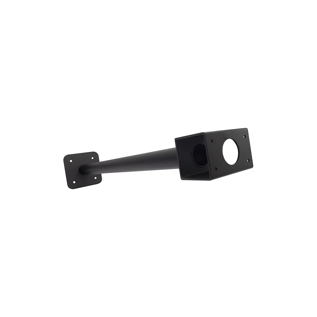 Support noir pour caméra, avec plaque carrée, extension cylindrique et embout carré avec trou.