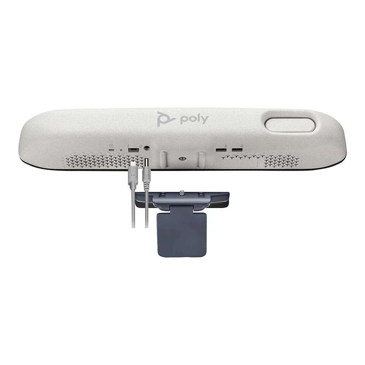 Un appareil de visioconférence Poly blanc avec caméra attachée. L'appareil a une forme ovale avec des ports et le logo Poly.