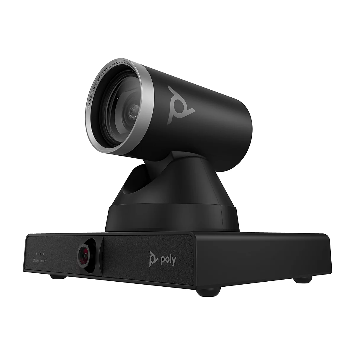 Schwarze Videokonferenzkamera mit silbernem Rand und Poly-Logo. Aufschrift "4K 12X OPTICAL ZOOM LENS".
