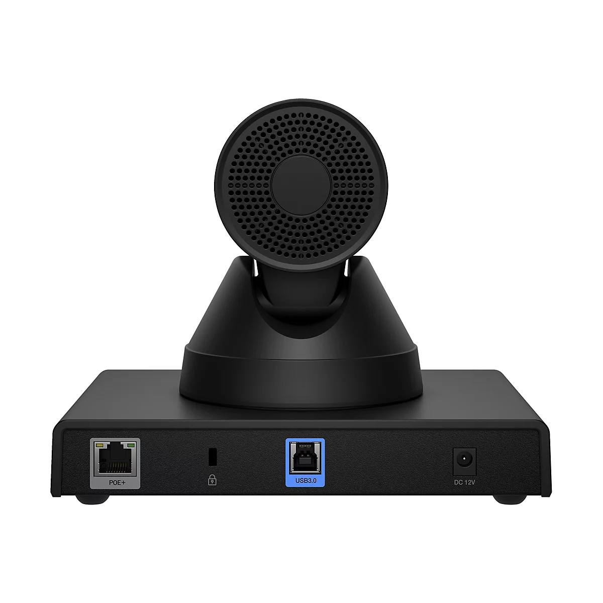 Caméra de visioconférence noire avec fentes d'aération circulaires et port USB 3.0. Sur fond blanc.