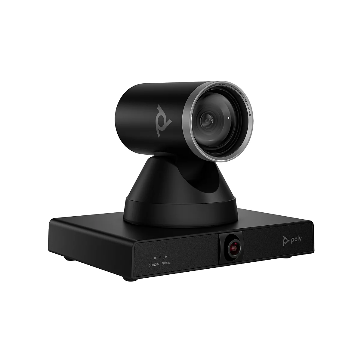 Schwarze Videokonferenzkamera mit rundem Objektiv und Poly-Logo. Aufschrift: Standby, Power.