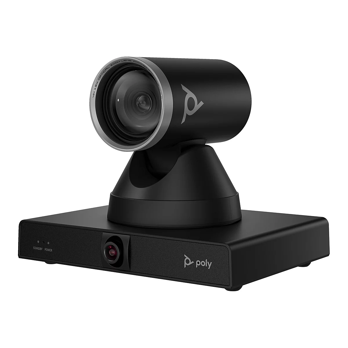 Caméra de visioconférence noire avec objectif. Inscription : Poly. Avec indicateur de veille et d'alimentation.