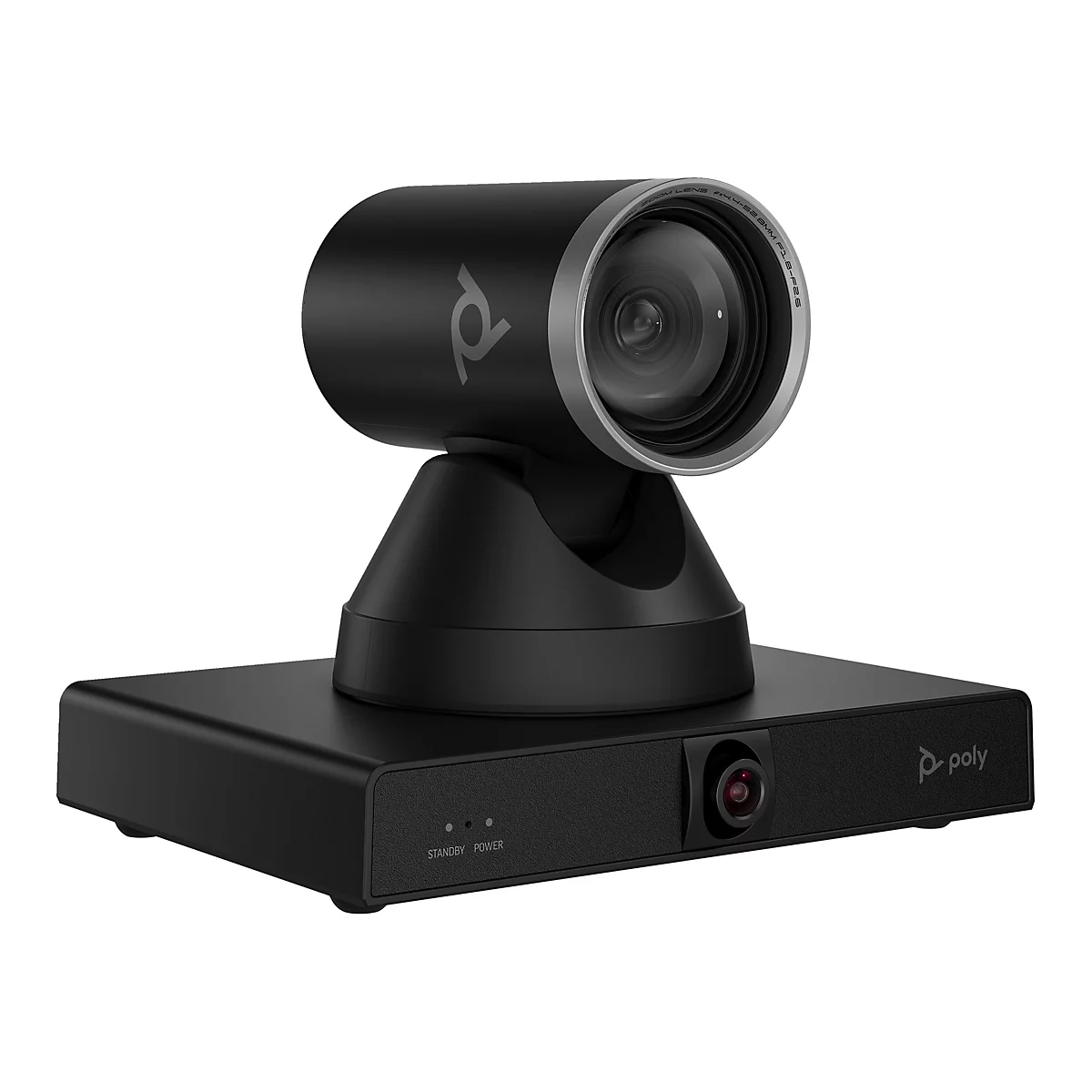 Caméra de vidéoconférence noire avec objectif, bord gris et logo Poly. En dessous, une base avec indicateurs de veille/alimentation.