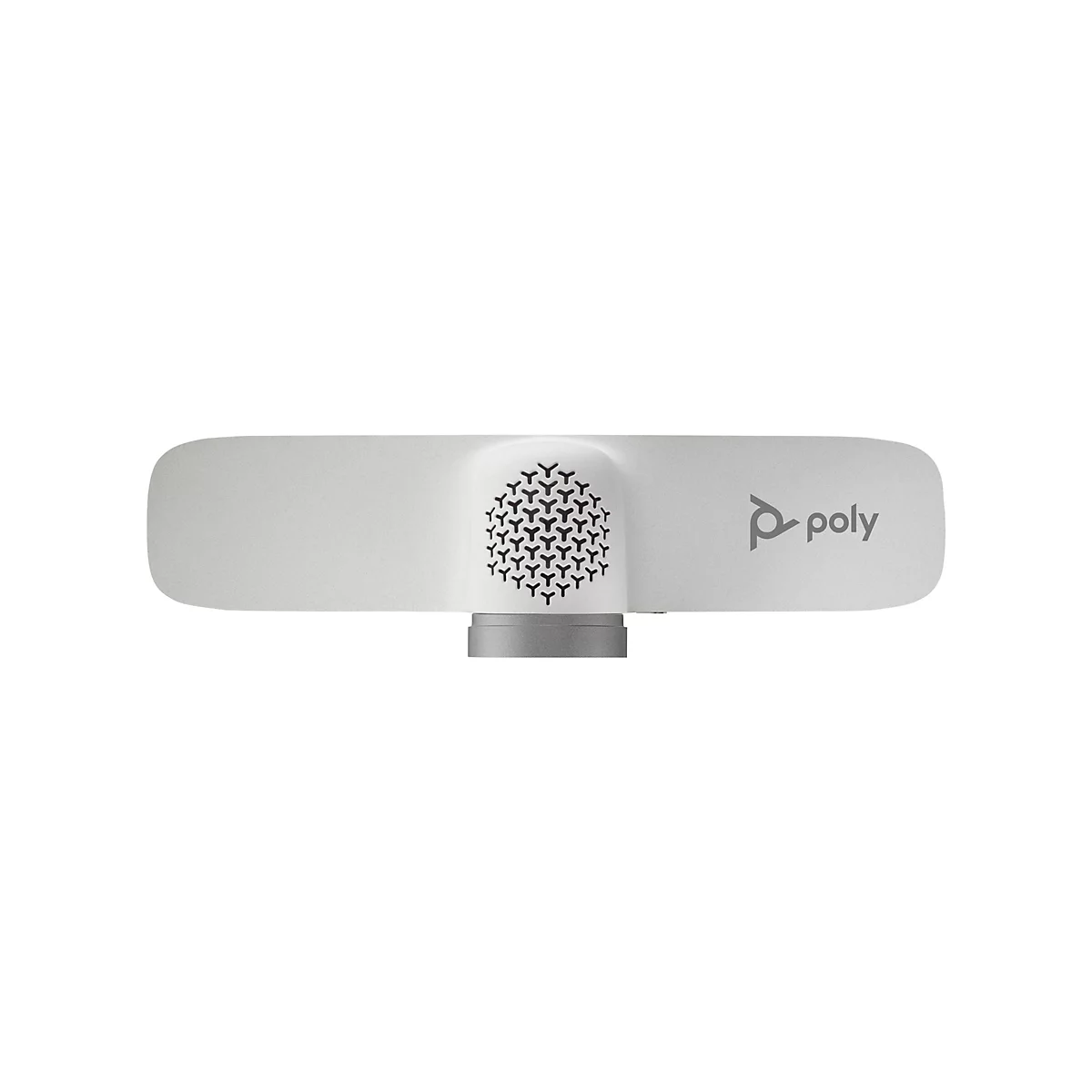 Draufsicht auf ein weißes Poly-Gerät. Auf der rechten Seite befindet sich das Poly-Logo. In der Mitte ist ein schwarzes, sechseckiges Muster zu sehen.