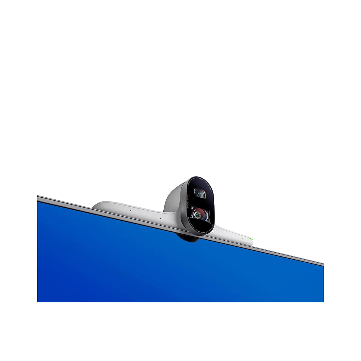 Eine graue Webcam mit Objektiven auf einem blauen Bildschirm, der mit einem weißen Hintergrund kontrastiert.