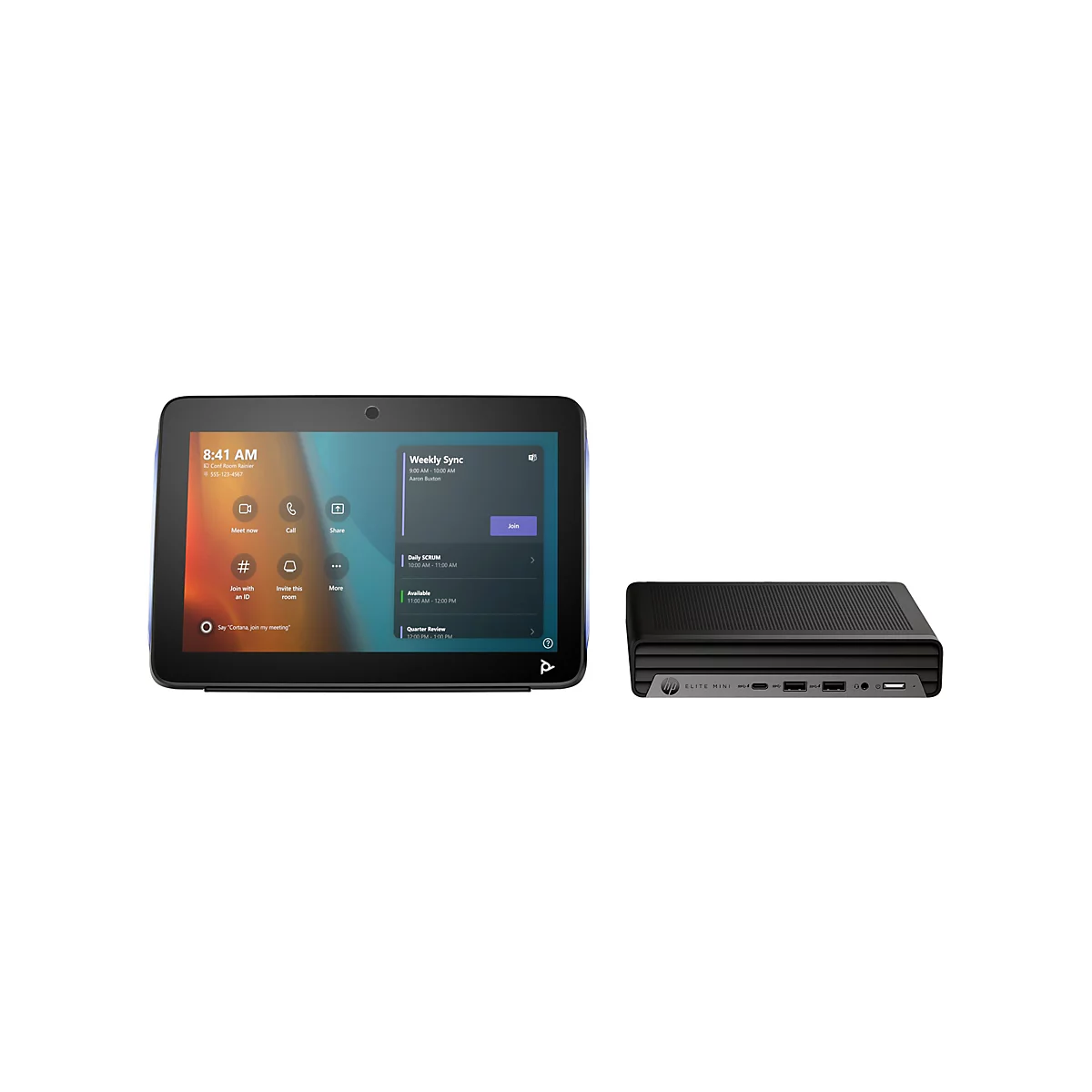 Ein schwarzes Tablet mit Touchscreen und ein kleiner, schwarzer Computer werden auf weißem Hintergrund präsentiert. Das Tablet zeigt eine Benutzeroberfläche für Videokonferenzen mit Meeting-Optionen. Der Computer hat das HP Elite Mini Logo.