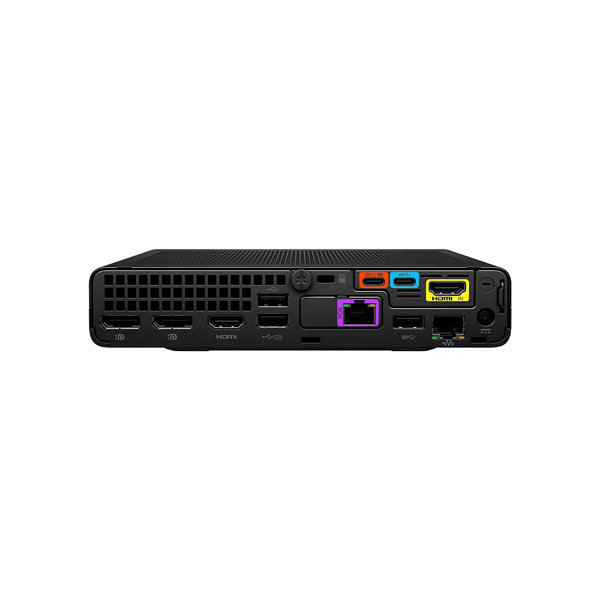 Die Rückseite eines schwarzen Mini-PCs mit einer Vielzahl von Anschlüssen. HDMI-Ports, USB-Anschlüsse und andere Schnittstellen sind deutlich sichtbar. Farben wie Lila, Blau, Orange und Gelb heben bestimmte Anschlüsse hervor.