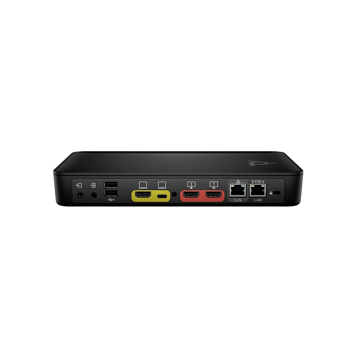 Schwarzes elektronisches Gerät mit Anschlüssen, darunter HDMI und LAN.