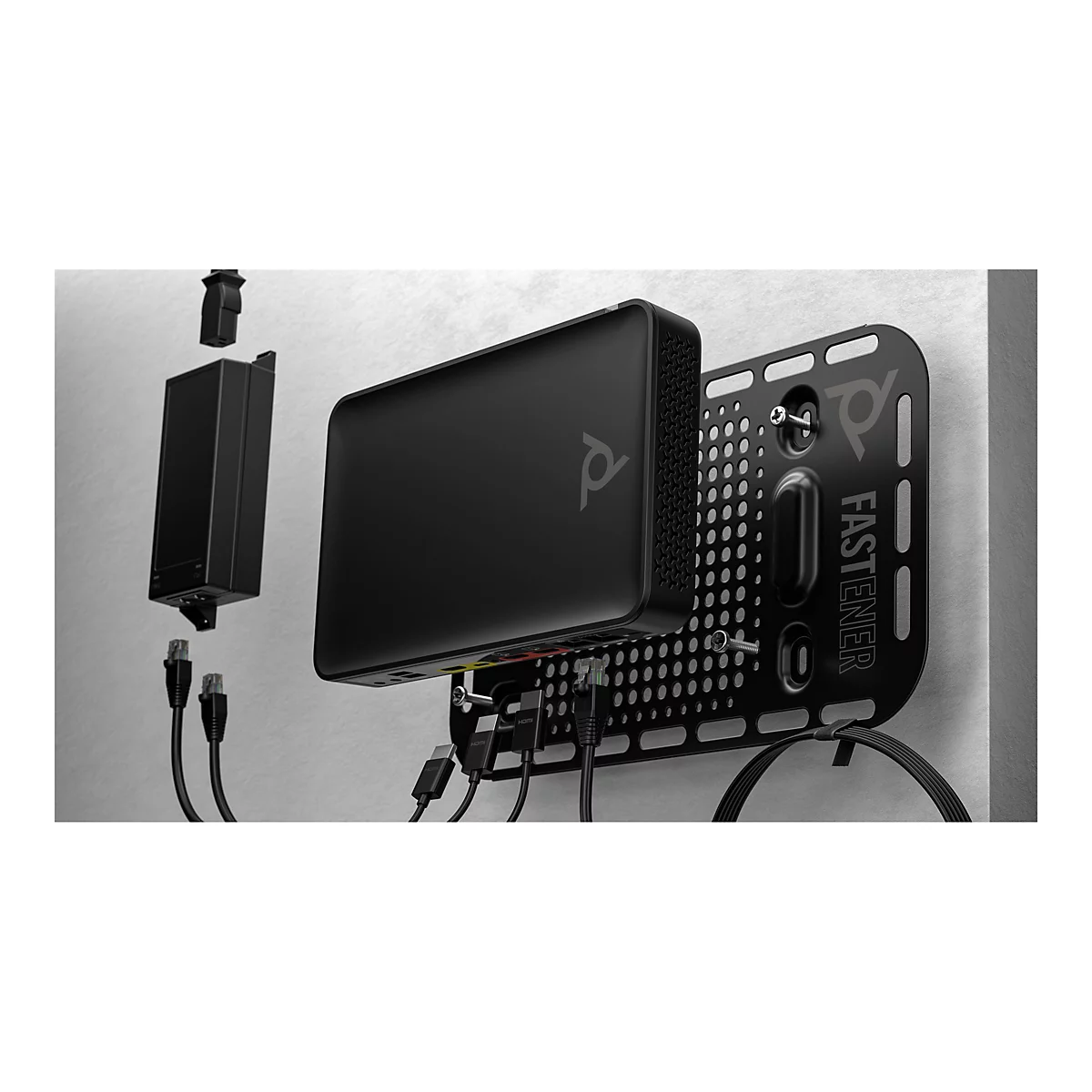 Schwarze Hardware, mit Logo und Anschlusskabeln, an Wandhalterung montiert.