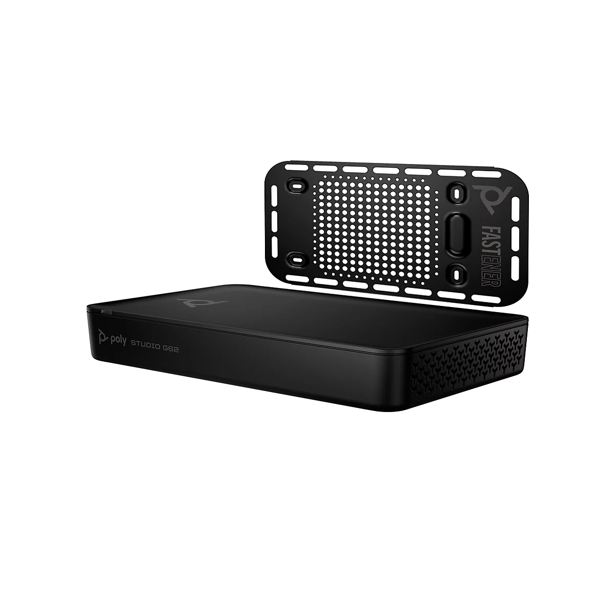 Ein schwarzes Poly Studio G62 Gerät mit einer abnehmbaren Halterung, die darüber schwebt. Die Halterung hat Löcher, das Gerät hat das Poly Logo.