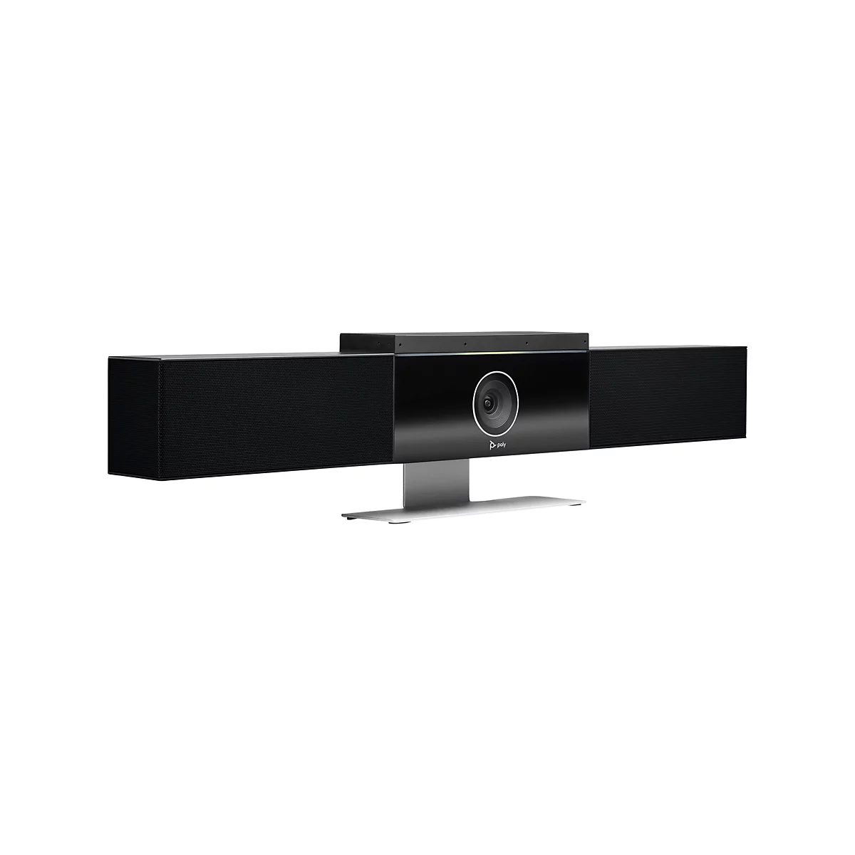 Schwarze Videokonferenz-Soundbar auf silbernem Standfuß. Mittig eine Kamera, links und rechts Lautsprechergitter.