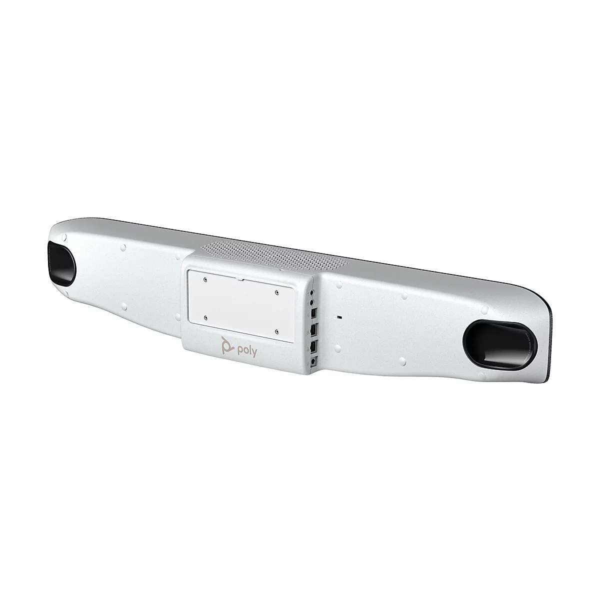 Ein weißes Videokonferenzsystem mit abgerundeten Ecken. In der Mitte befindet sich ein Bereich mit Anschlüssen und dem Poly-Logo. An beiden Enden sind schwarze Öffnungen zu sehen.