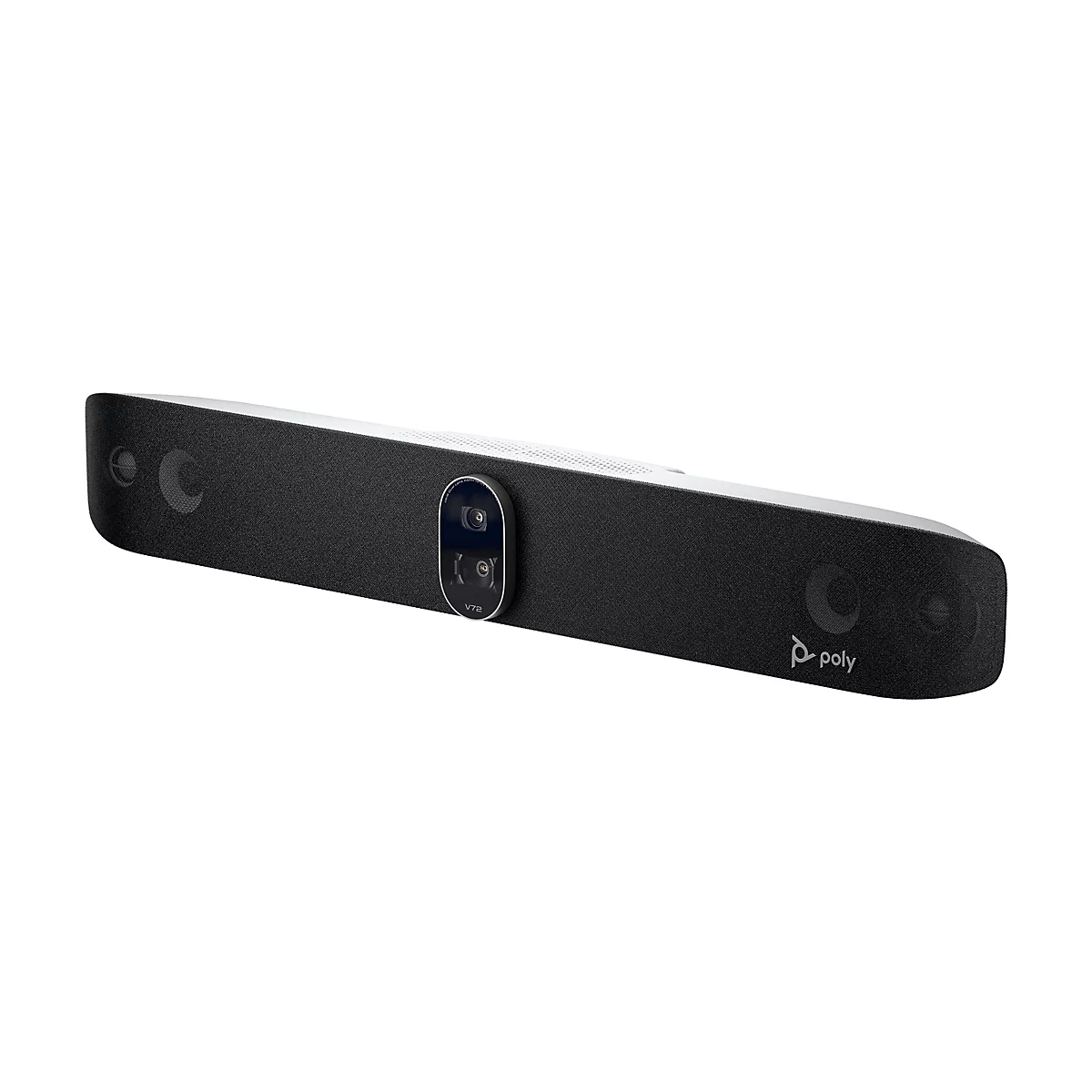 Schwarze Videokonferenz-Soundbar, mit Kamera, Lautsprecher und Mikrofon. Auf der linken Seite das Logo von poly. Auf der Kamera steht „V72“.