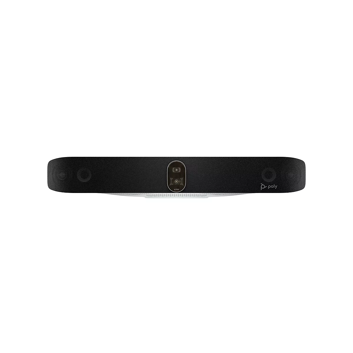 Schwarze Videokonferenz-Soundbar mit Kameras und Mikrofonen. Auf weißem Hintergrund platziert.