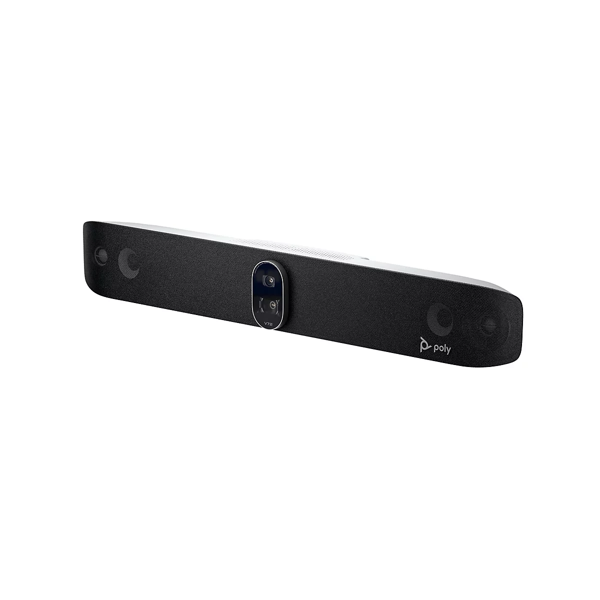 Schwarze Videokonferenz-Soundbar mit Kamera, V72-Aufschrift und Poly-Logo.