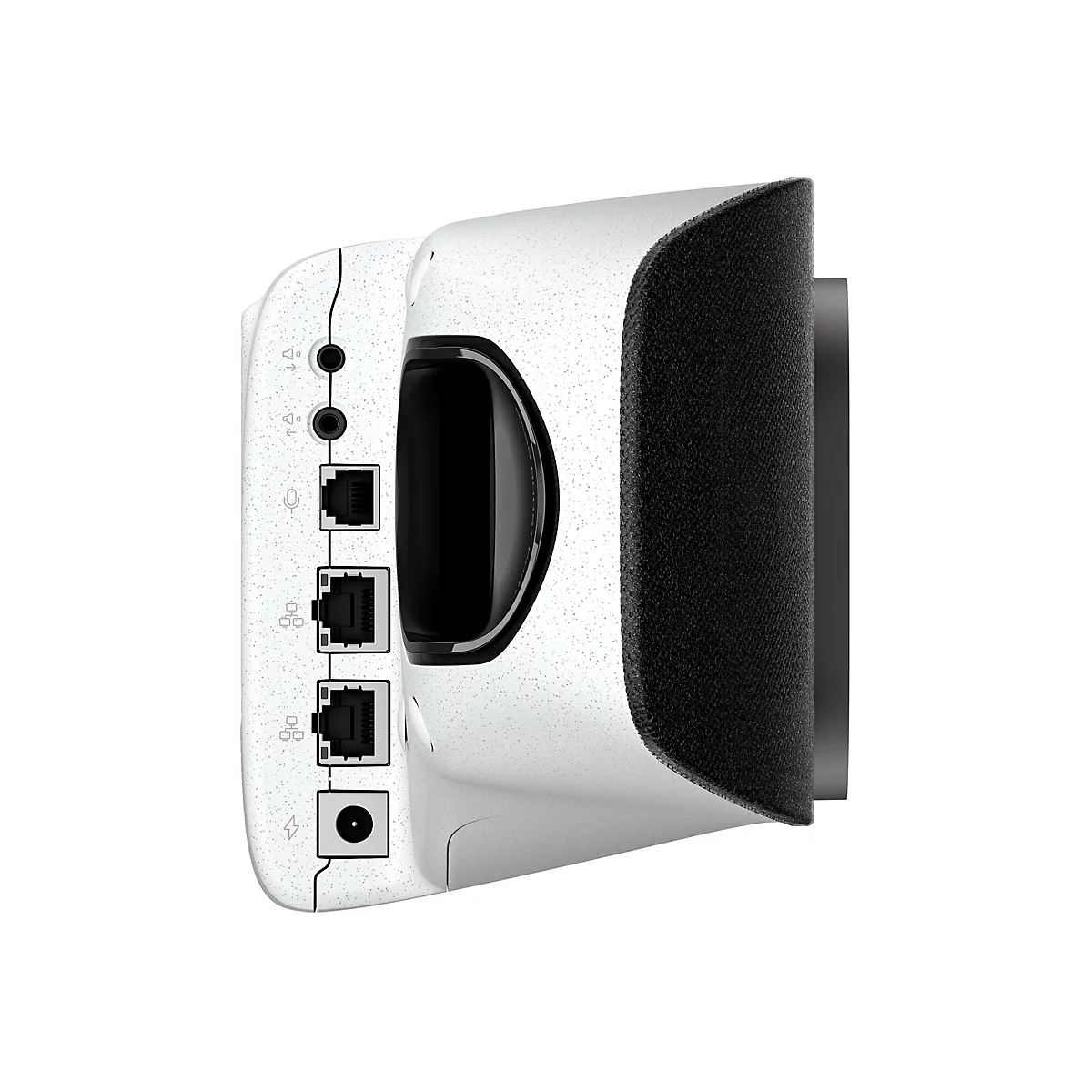 Detailaufnahme eines weißen Routers mit schwarzer Textur auf der Rückseite, der mit Anschlüssen und einer Antenne versehen ist.