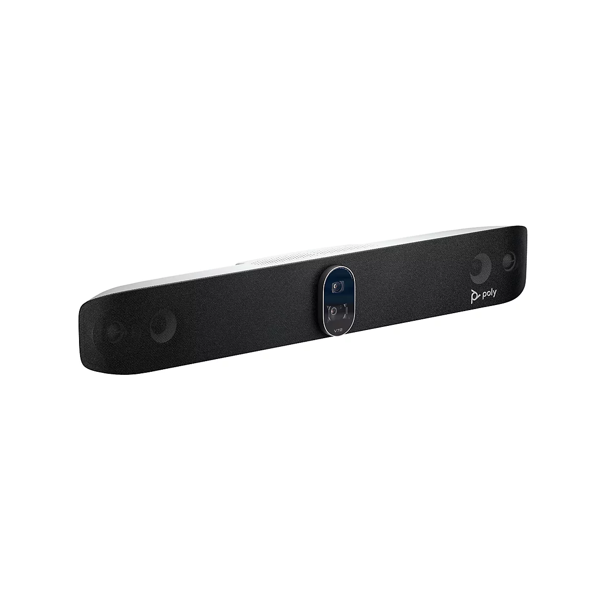 Schwarze Soundbar mit Kamera. Aufschrift "V72" und "poly".