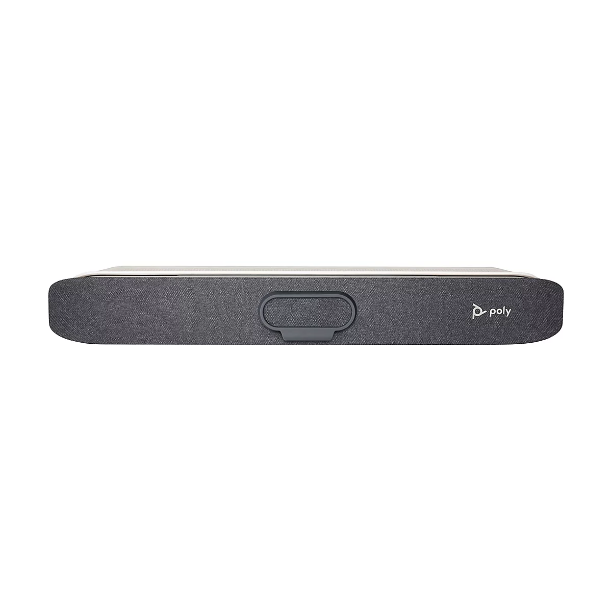Graue Soundbar mit Griff und Poly-Logo auf weißem Hintergrund.