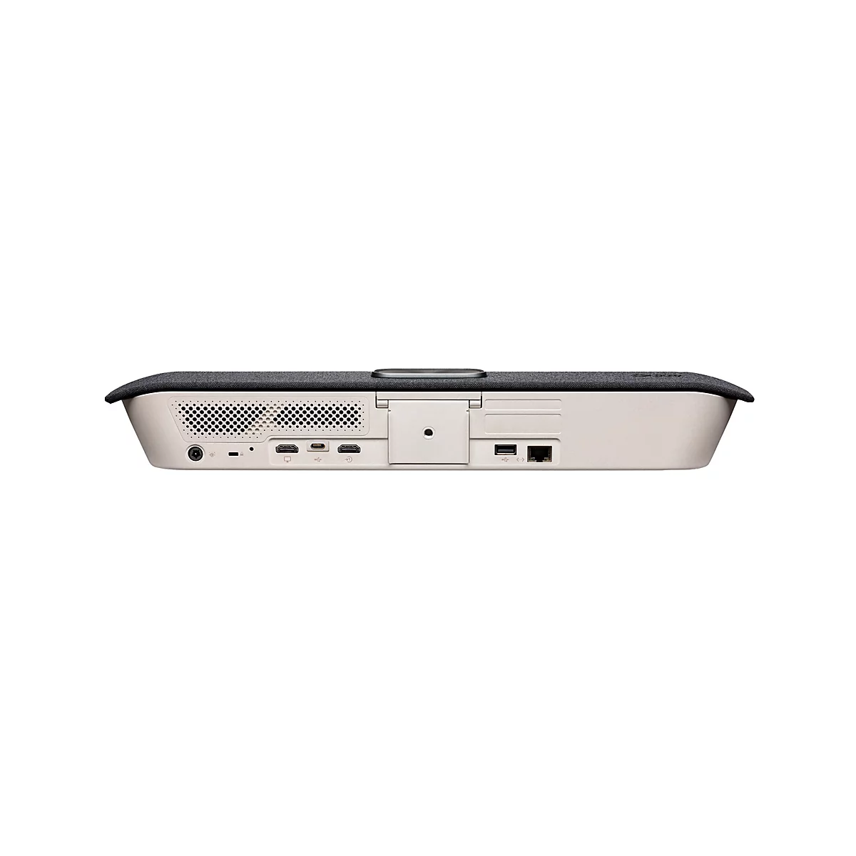 Appareil avec dessus gris et dessous beige, arrière avec ports.