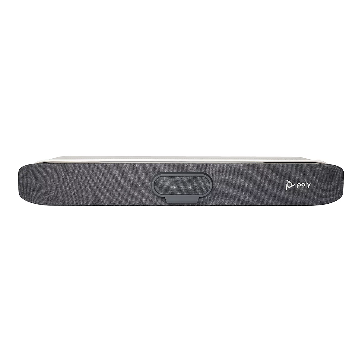 Eine rechteckige Soundbar auf weißem Hintergrund. Sie ist überwiegend grau mit einer Griffmulde in der Mitte und dem Poly-Logo rechts.