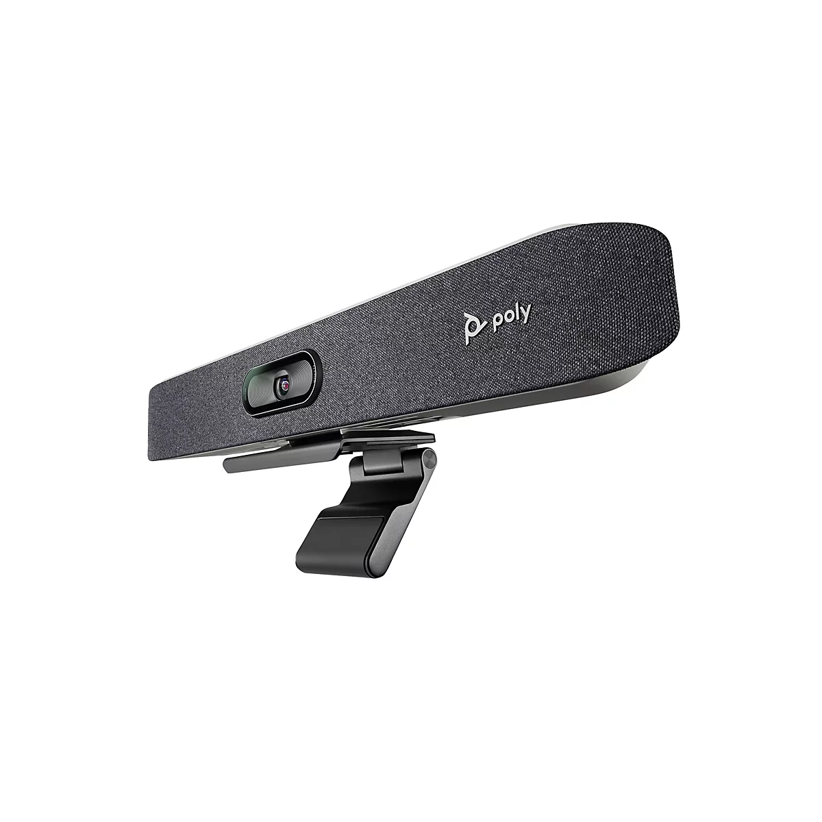 Webcam gris foncé avec support, sur fond blanc. Poly est à droite.