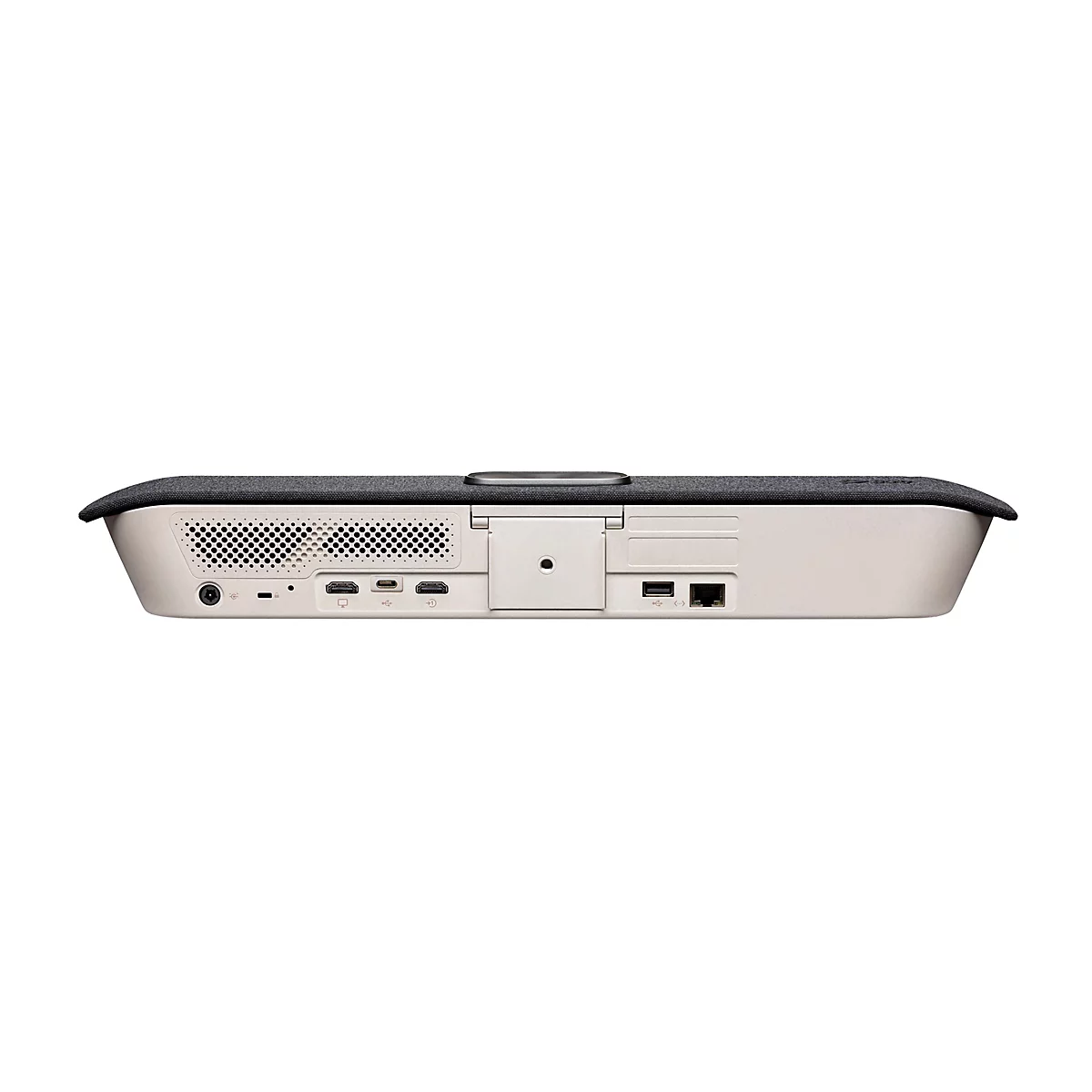 Rückansicht eines rechteckigen, cremefarbenen Geräts mit dunkelgrauer Stoffoberfläche. Es hat Anschlüsse für Audio, HDMI, USB und Ethernet.