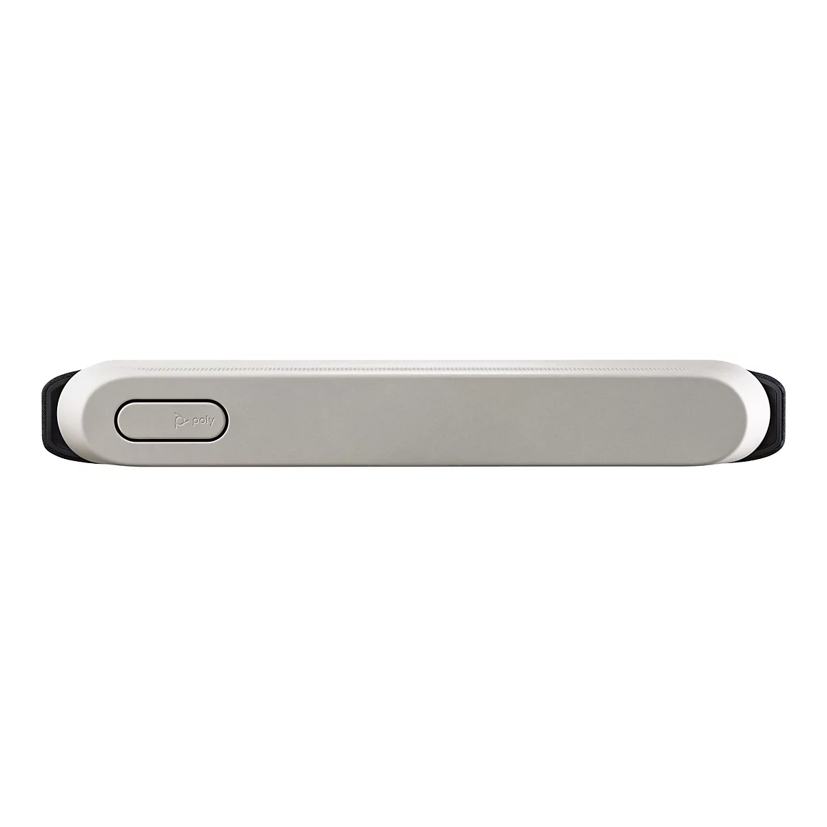 Appareil rectangulaire gris clair avec des extrémités arrondies, un bouton de commande sur la gauche avec le logo Poly.