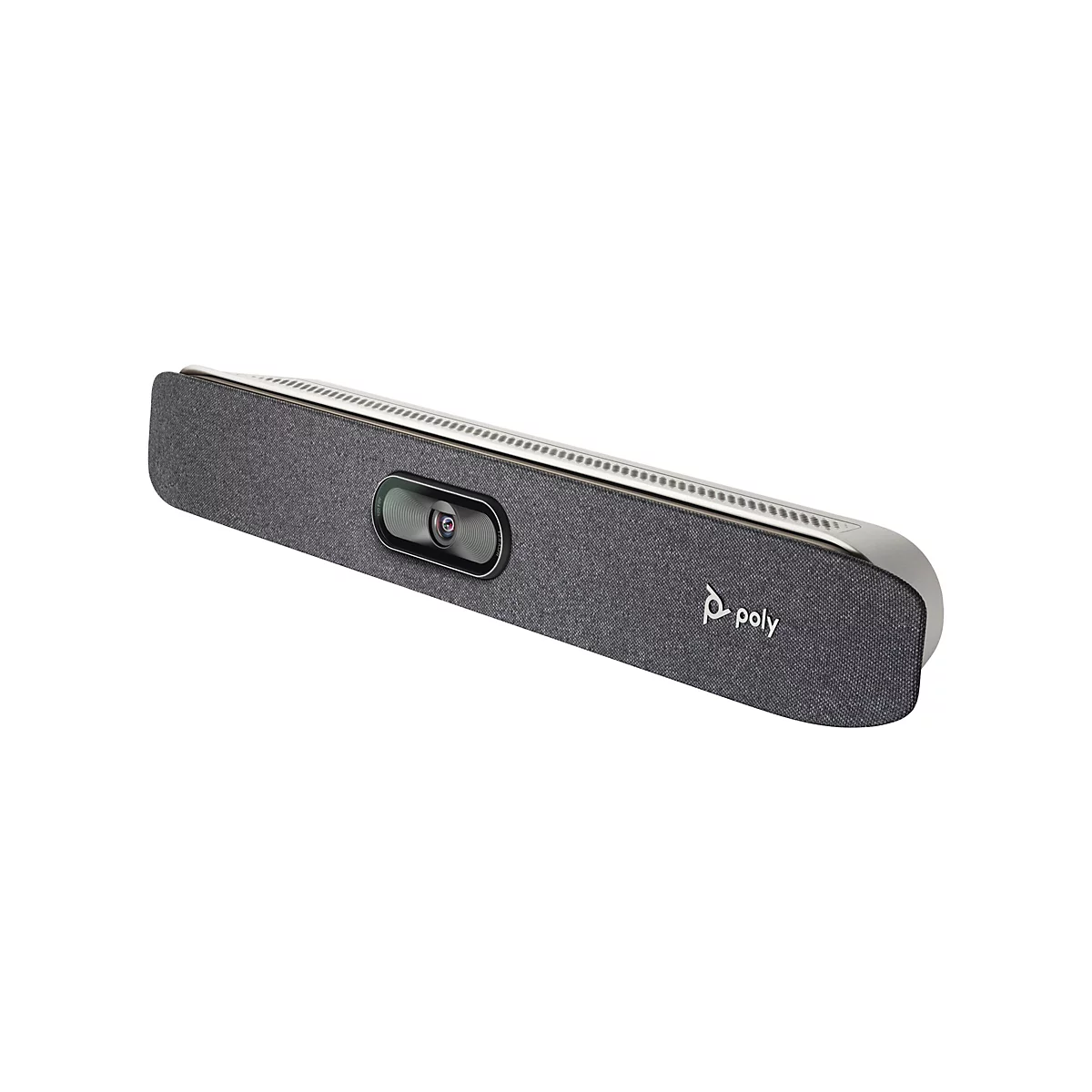 Graue Videokonferenz-Soundbar, mit Kamera und Logo, vor weißem Hintergrund.