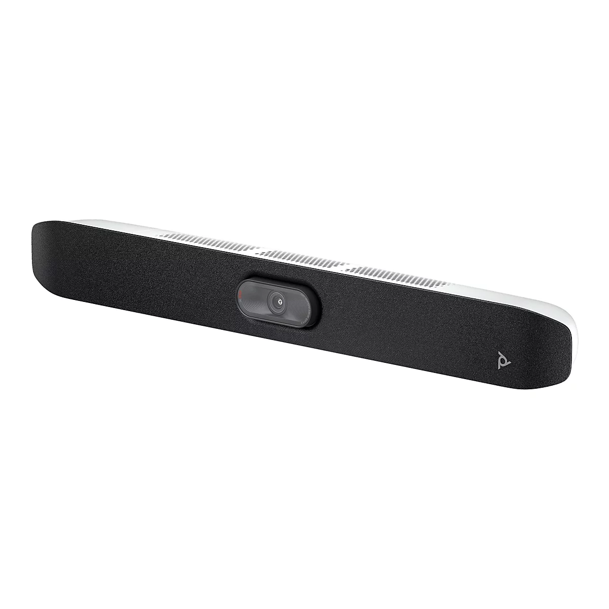 Ein schwarzes, rechteckiges Soundbar-Gerät mit integrierter Kamera. Auf weißem Hintergrund.