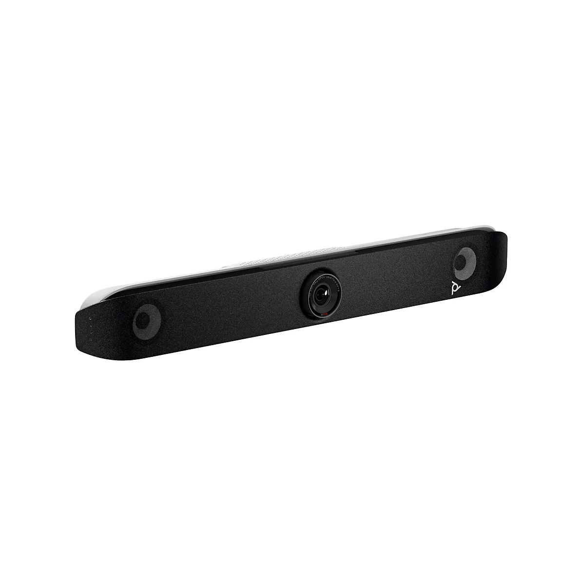 Eine schwarze Videokonferenz-Soundbar mit Kamera, Lautsprechern, Mikrofonen und Poly-Logo.