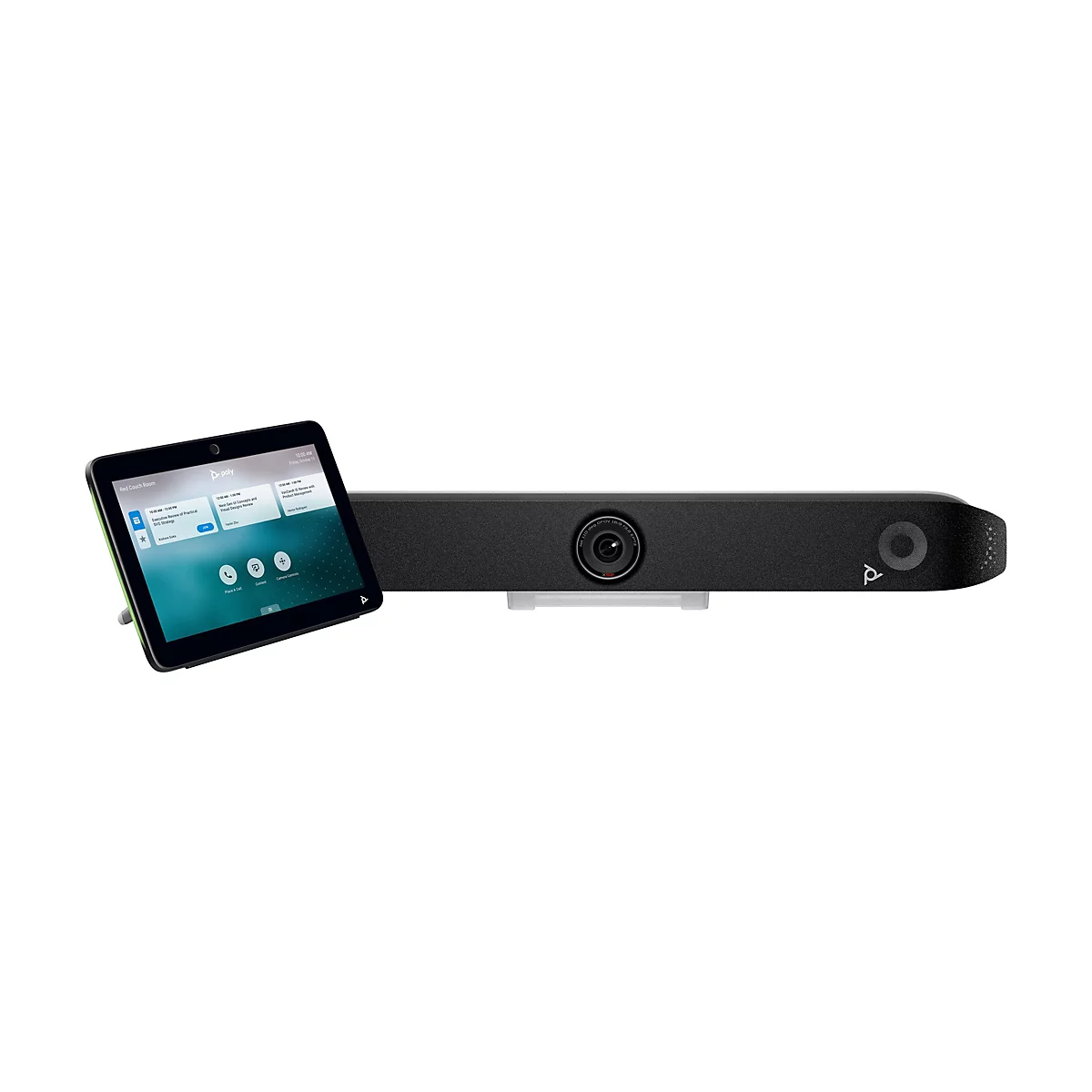 Ein schwarzes Videokonferenzsystem mit einem Tablet, das Meetings und Kontrolloptionen anzeigt.