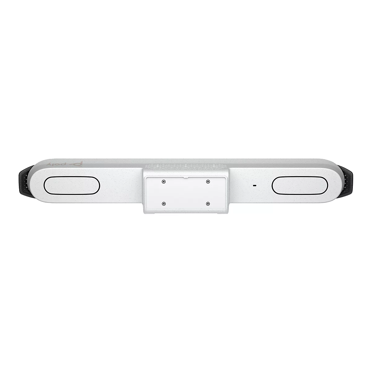Draufsicht auf eine silberne Videokonferenz-Soundbar mit Poly-Logo. Zwei ovale Lautsprecheröffnungen, zwei Montageplatten und ein Bedienfeld.