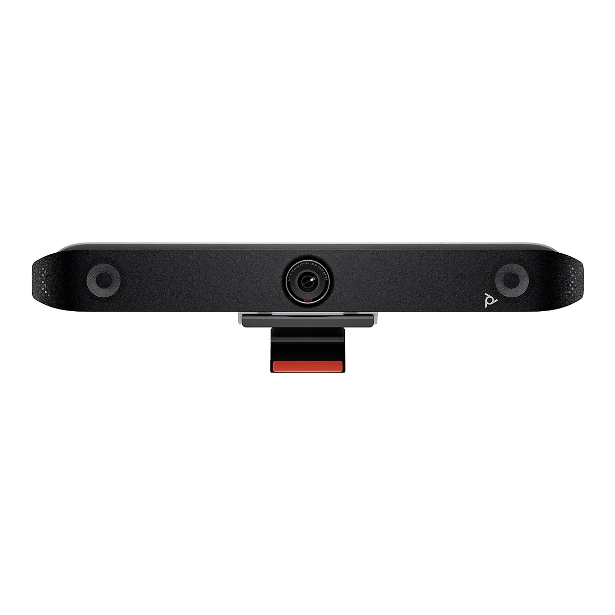 Eine schwarze Webcam mit Linse, Lautsprecher und Mikrofonen. Unten ist ein roter Streifen zu sehen.