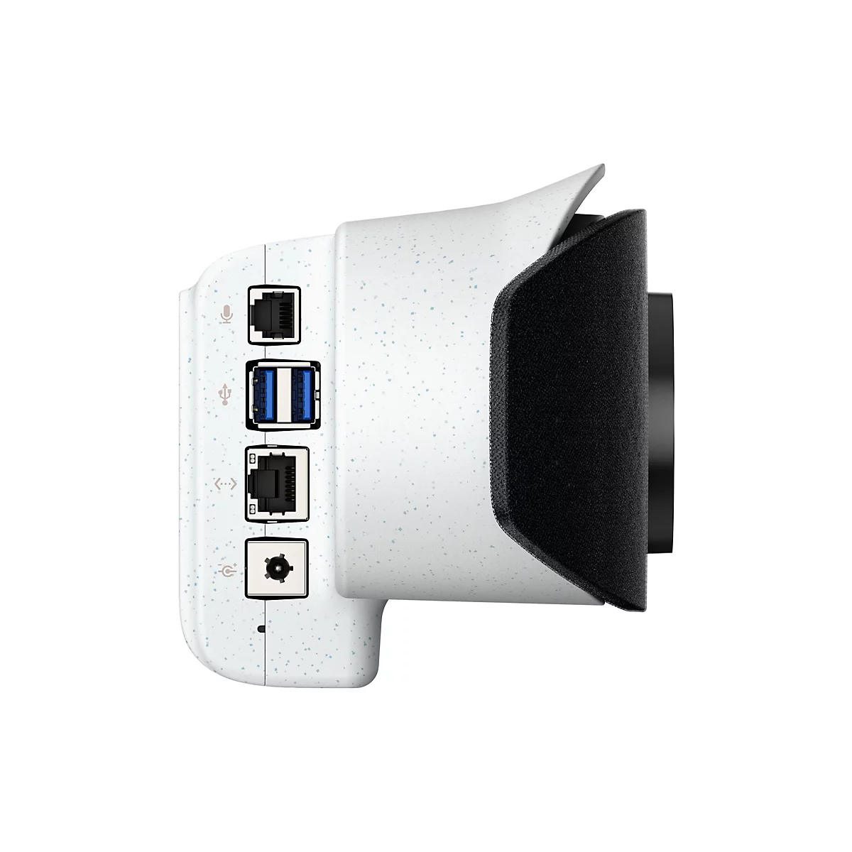 Nahaufnahme eines weißen Geräts mit blauen Tupfen. Es hat Anschlüsse für Mikrofone, USB und Ethernet. Auf der rechten Seite befindet sich ein schwarzer, schaumstoffartiger Teil.