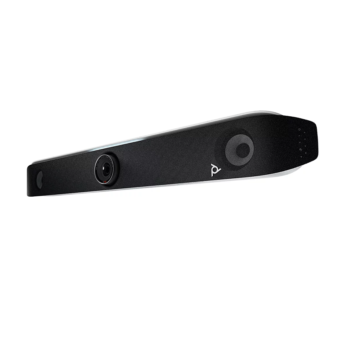 Schwarze Videokonferenz-Leiste, Kamera mit Objektiv, Lautsprecher, Mikrofon. Weißer Hintergrund.