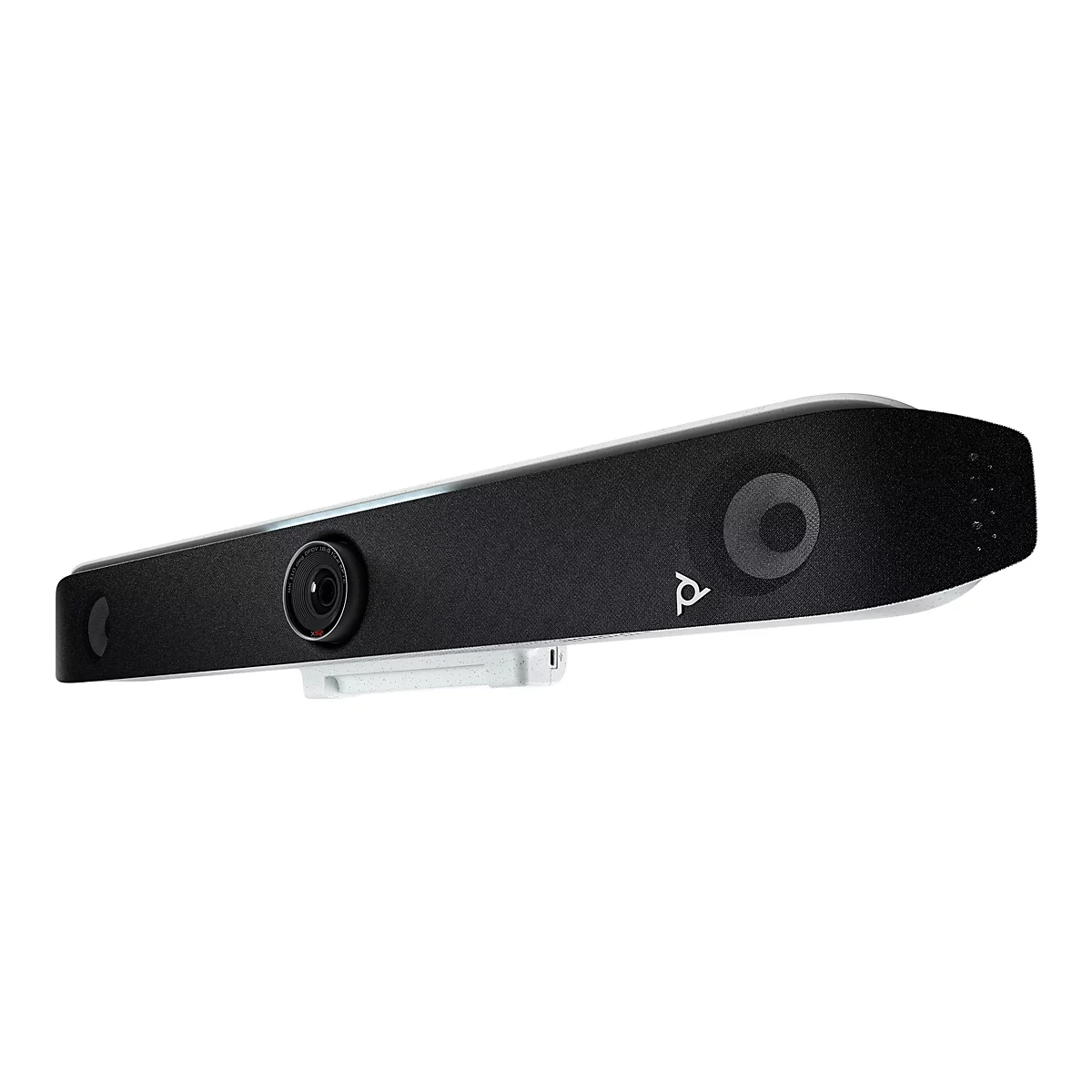 Eine Poly-Videokonferenzleiste in Schwarz und Weiß. Kamera, Lautsprecher und Mikrofon.