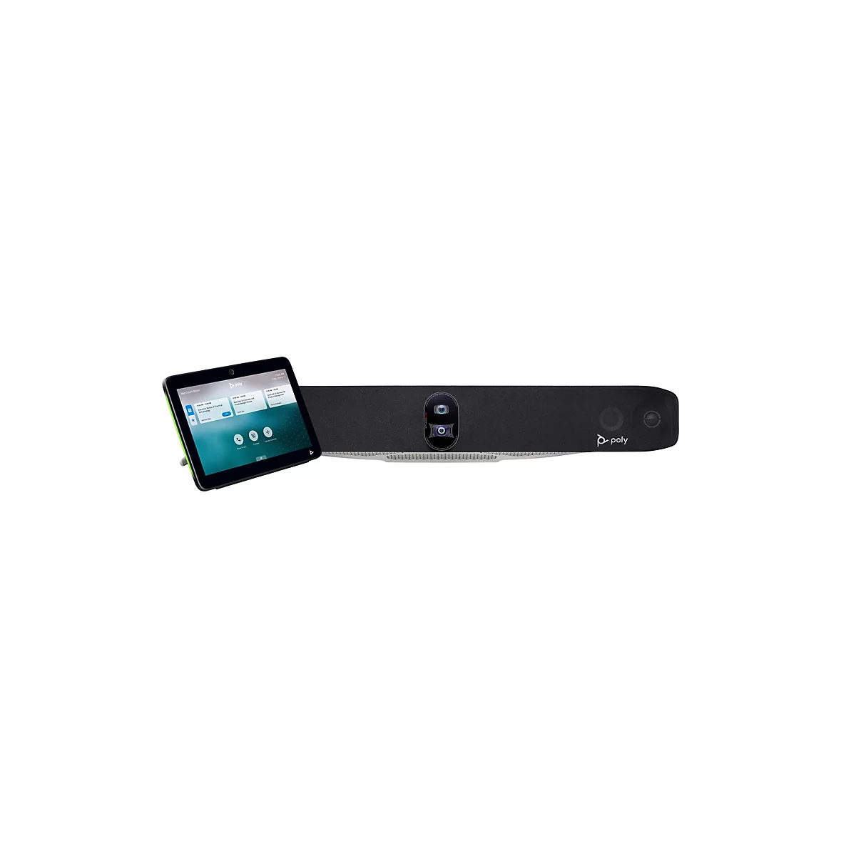 Videokonferenzsystem und Tablet vor weißem Hintergrund. Auf dem Tablet ist eine Videokonferenzoberfläche zu sehen.